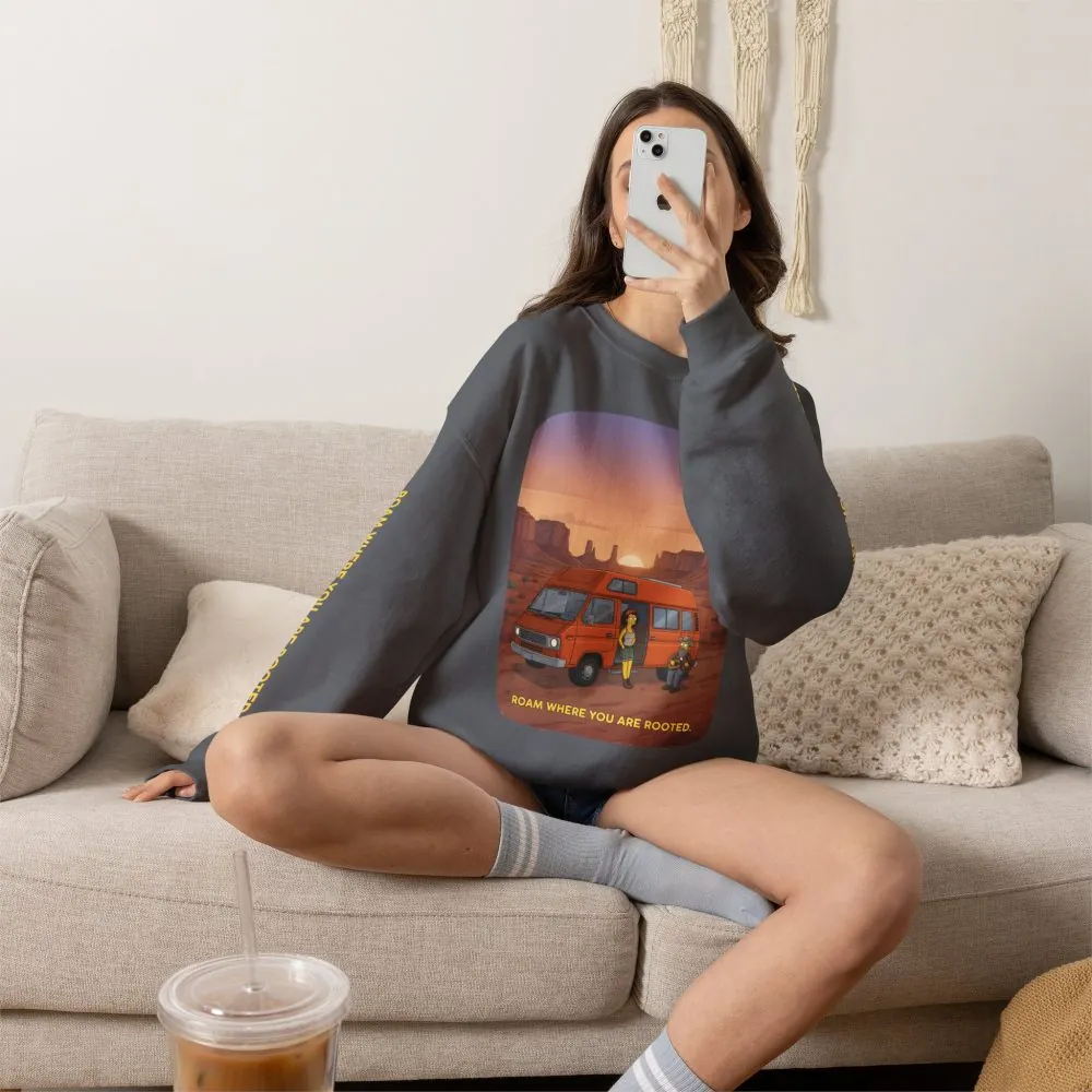 Unisex Heavy Blend™ Crewneck Sweatshirt — "Roam Where You Are Rooted" Design Sitcom-Line