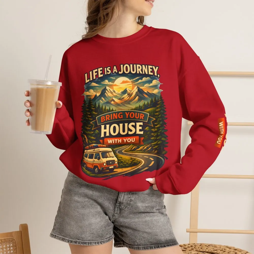 Unisex Heavy Blend™ Crewneck Sweatshirt — "Live Is A Journey-Bring Your House With You" Design Scenic-Line