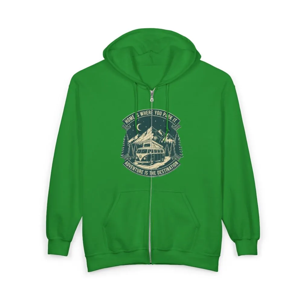 5830418360366633603_2048.jpeg Zip Hoodie — "Home Is Where You Park It-Adventure is the destination"(Only Front Printed) Camper Van Adventure Zip-Up