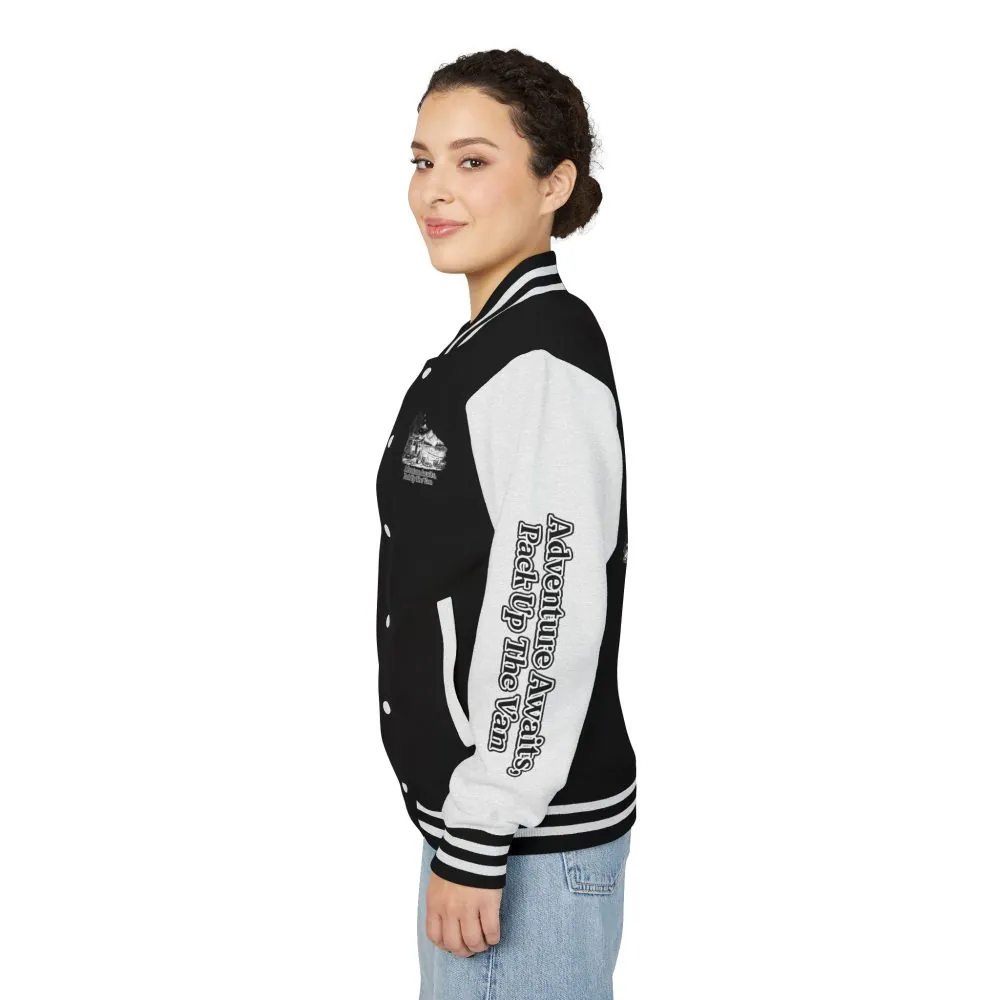 Unisex Heavyweight Letterman Jacket — "Adventure Awaits,Pack Up The Van" Travel Varsity Coat