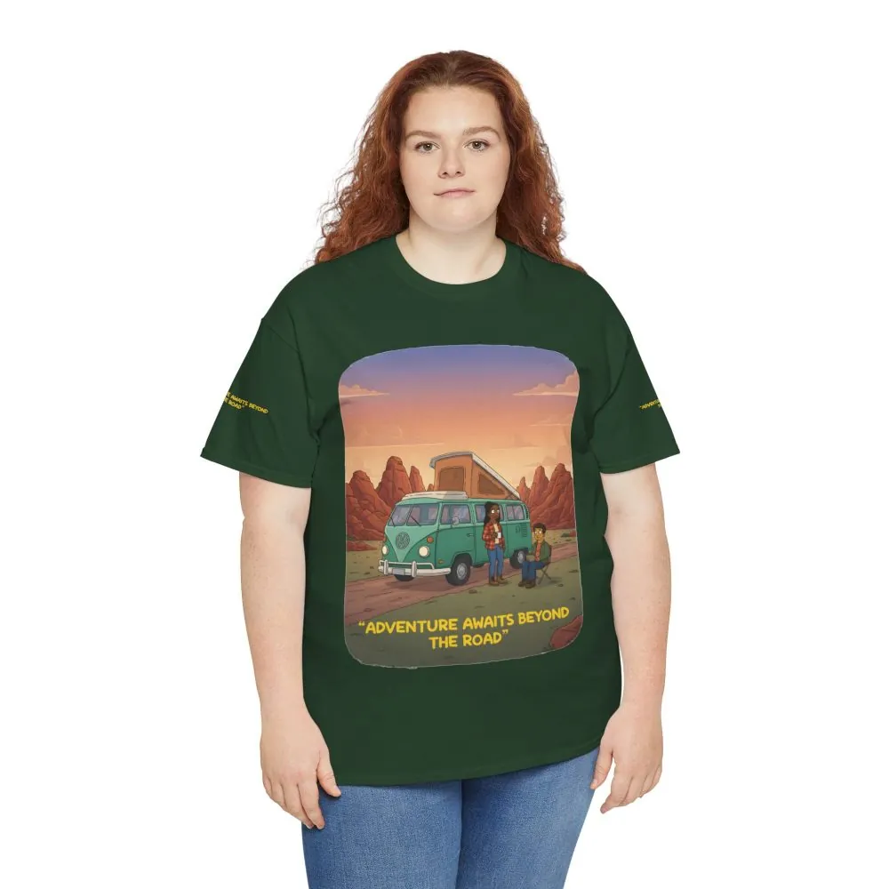 Unisex Heavy Cotton Tee — "Adventure Awaits Beyond The Road" Design Sitcom-Line