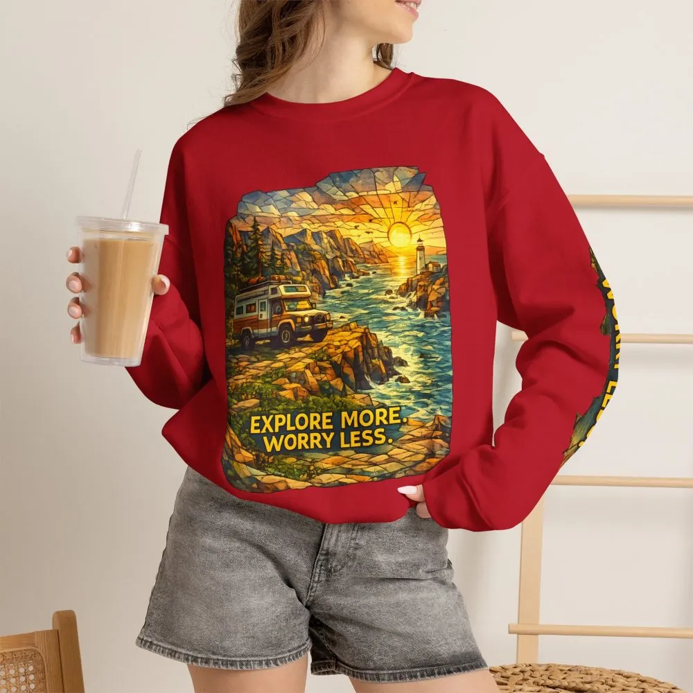 Unisex Heavy Blend™ Crewneck Sweatshirt — "Explore More Worry Less" Design Cubic-Line
