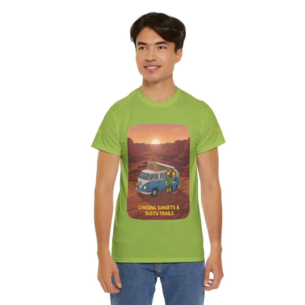 Unisex Heavy Cotton Tee — "Chasing Sunsets And Dusty Trails" Design Sitcom-Line