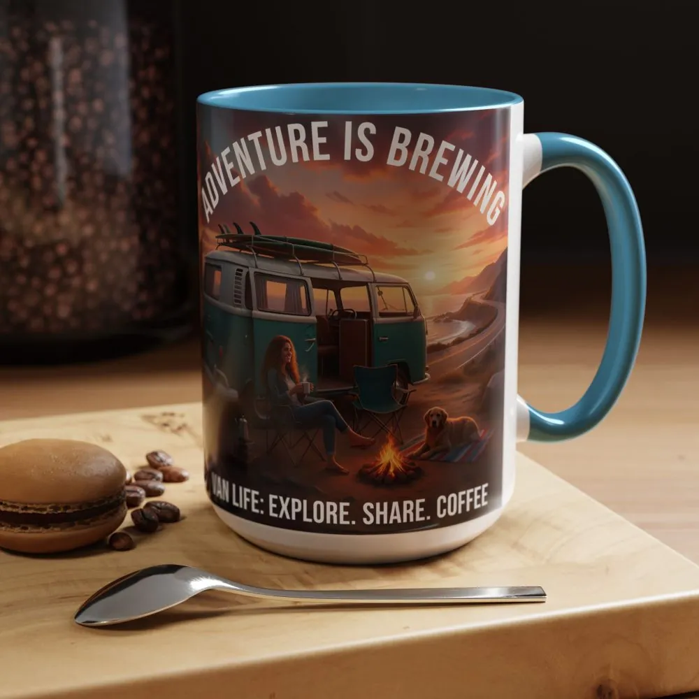 Accent Coffee Mug (11, 15oz) — "Adventure is brewing"