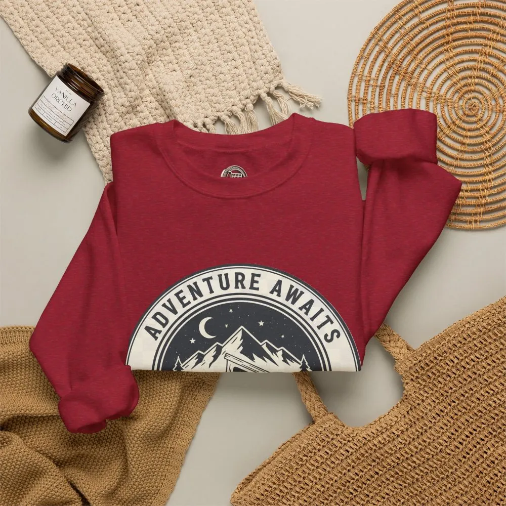 Crewneck Sweatshirt — "Adventure Awaits-Go Where You Feel Most Alive" (Font + Back + Sleaves printed) Vintage Camper Van Outdoor Graphic