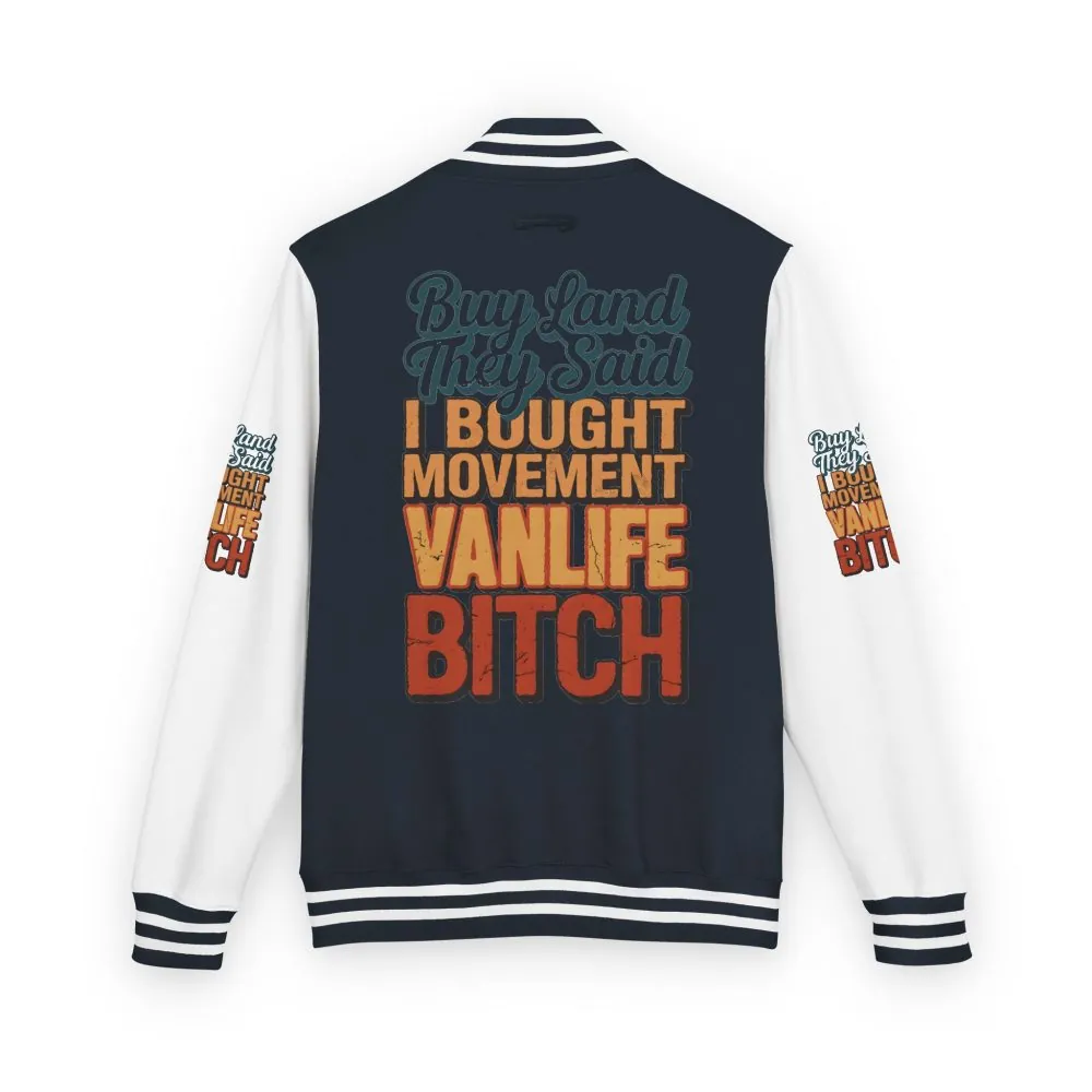 5893760893338483368_2048.jpeg Unisex Heavyweight Letterman Jacket — "Buy Land They Said" Design F**K-Line