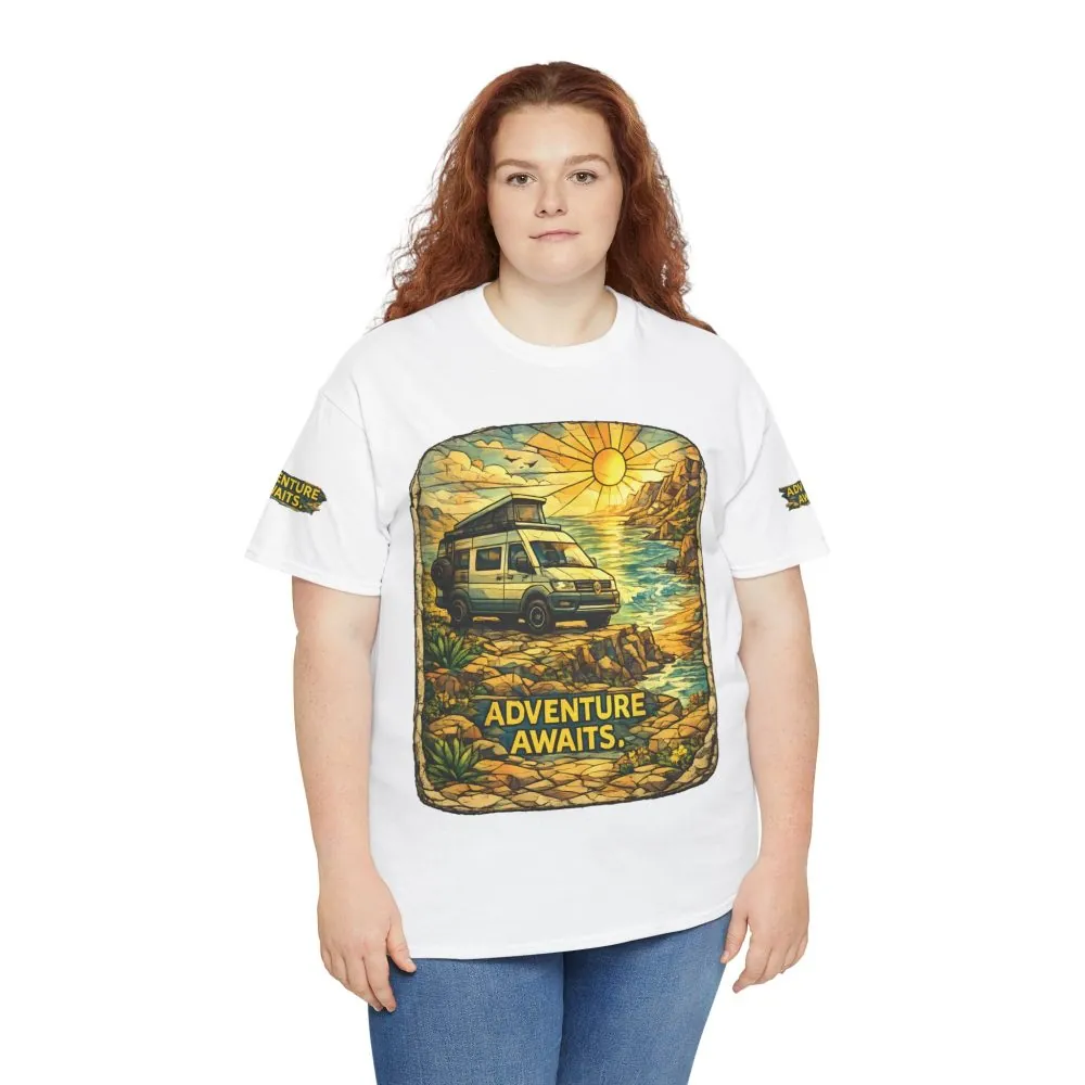 Unisex Heavy Cotton Tee — "Adventure Awaits" Design Cubic-Line