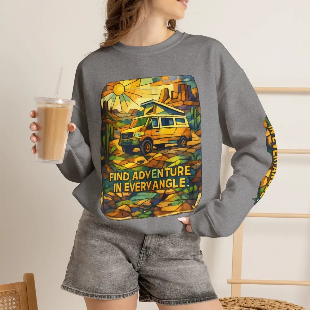 Unisex Heavy Blend™ Crewneck Sweatshirt — "Find Adventure In Every Corner" Design Cubic-Line