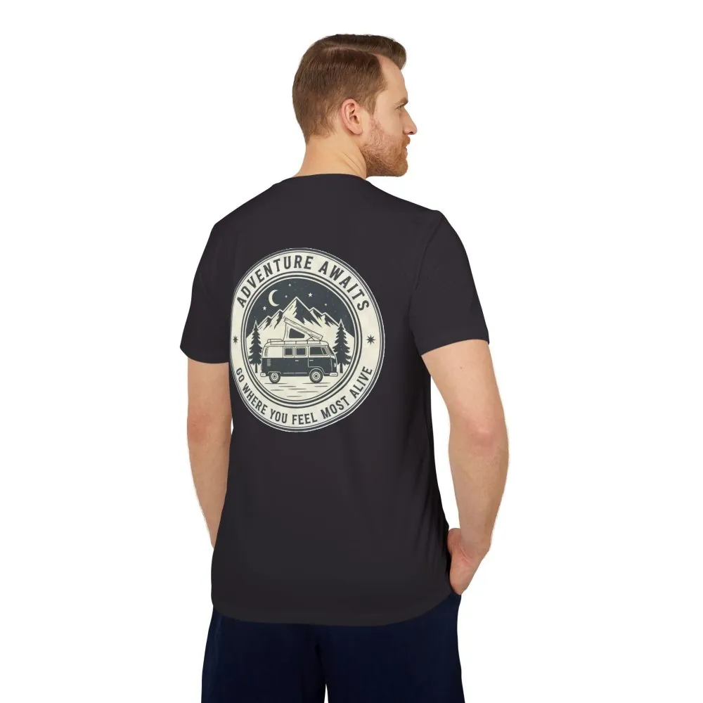 T-Shirt(Adidas) - 'Adventure Awaits-Go Where You Feel Most Alive' (Front + back printed)