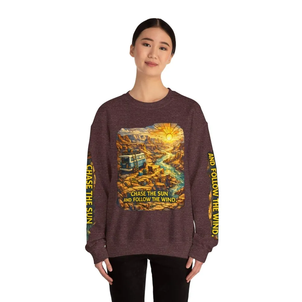 Unisex Heavy Blend™ Crewneck Sweatshirt — "Chase The Sun And Follow The Wind" Design Cubic-Line