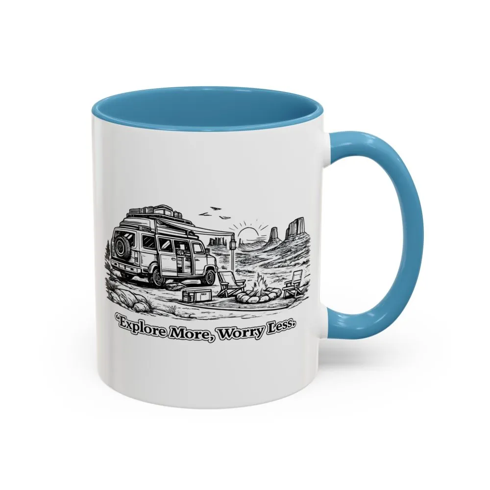 Accent Coffee Mug (11, 15oz) — "Explore More Worry Less" Design Minimal-Line