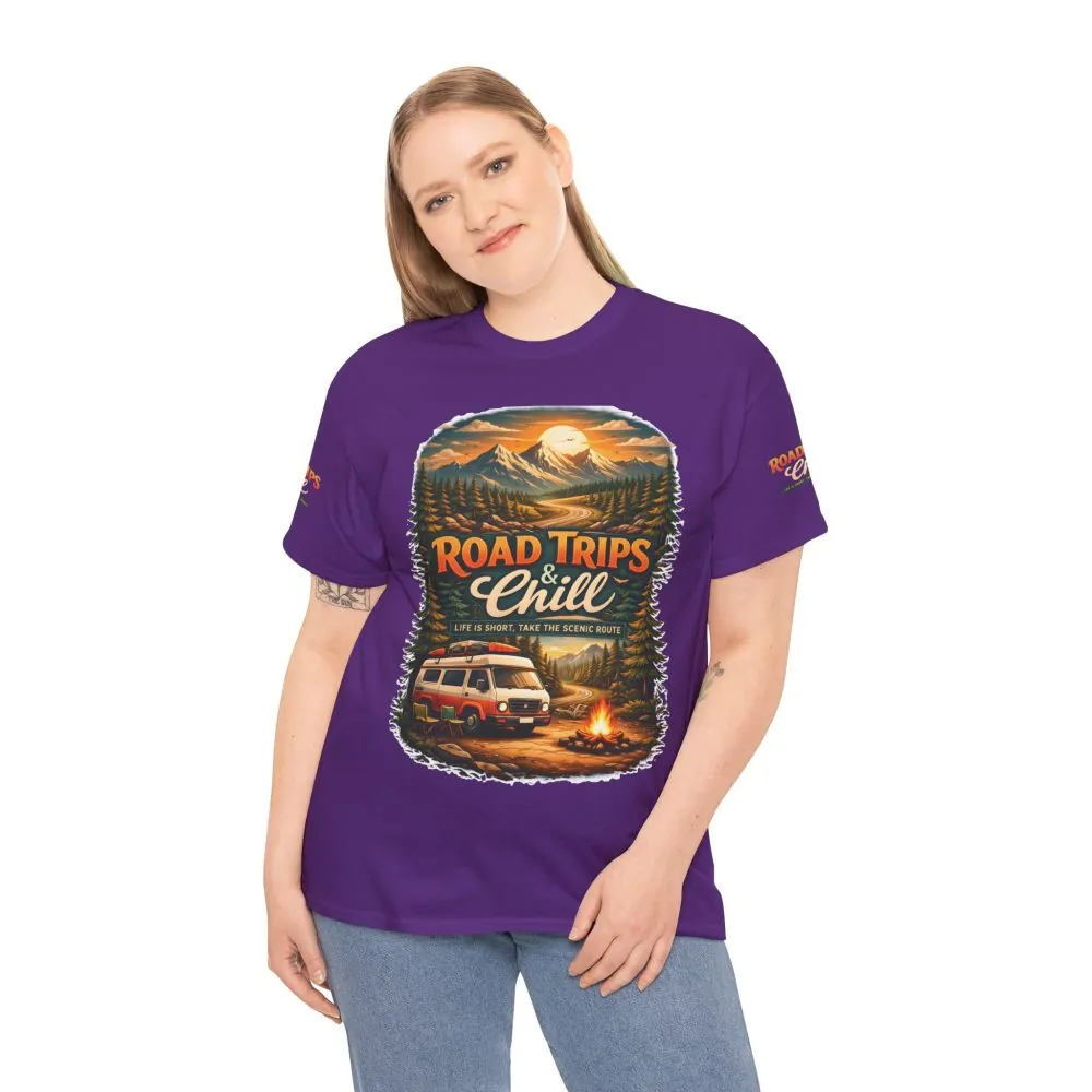 Unisex Heavy Cotton Tee — "Road Trips & Chill" Design Scenic-Line