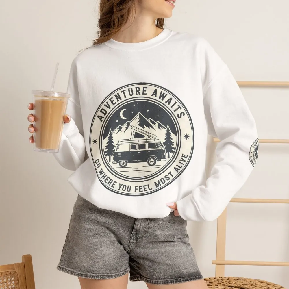 5961557497995504778_2048.jpeg Crewneck Sweatshirt — "Adventure Awaits-Go Where You Feel Most Alive" (Font + Back + Sleaves printed) Vintage Camper Van Outdoor Graphic