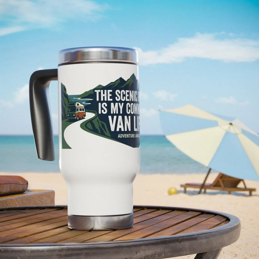 Stainless Steel Travel Mug with Handle, 14oz — “The Scenic Route Is My Commute”