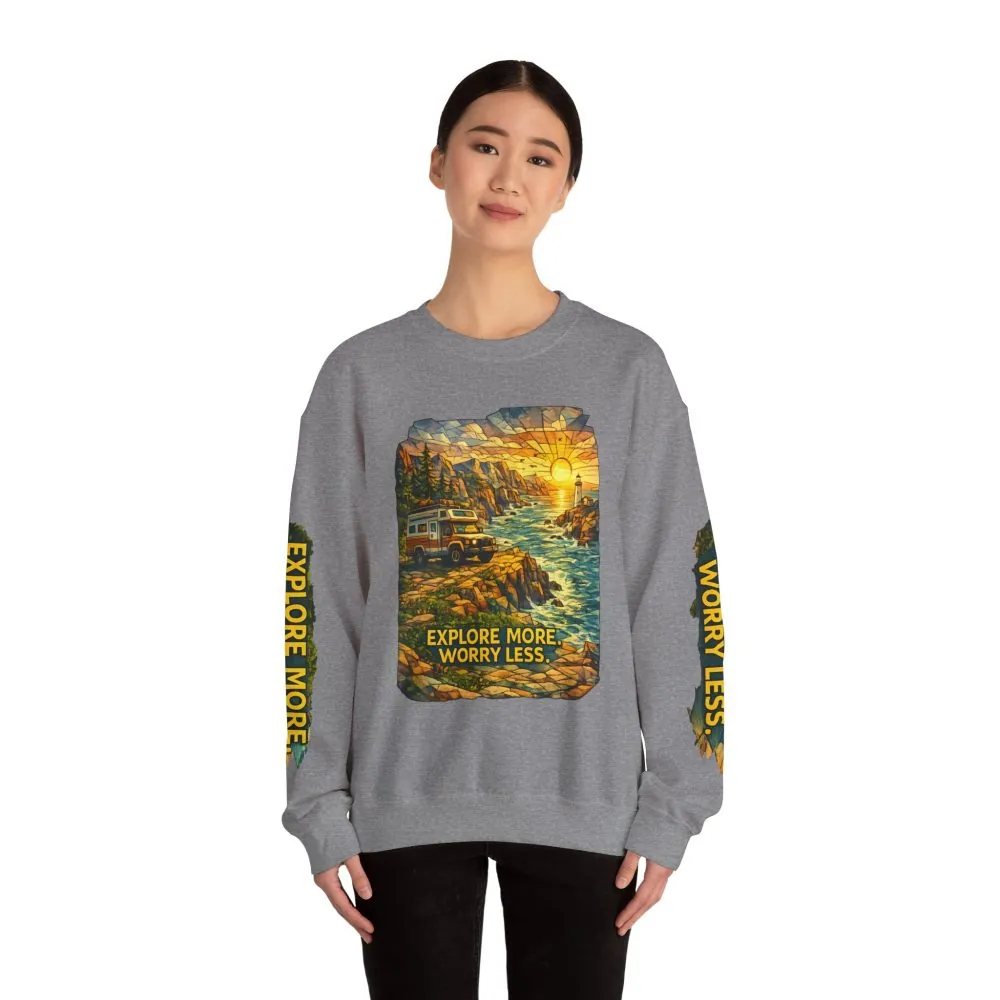 Unisex Heavy Blend™ Crewneck Sweatshirt — "Explore More Worry Less" Design Cubic-Line