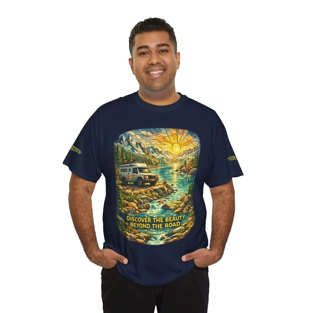 Unisex Heavy Cotton Tee — "Discover The Bieuty Beyond The Road" Design Cubic-Line