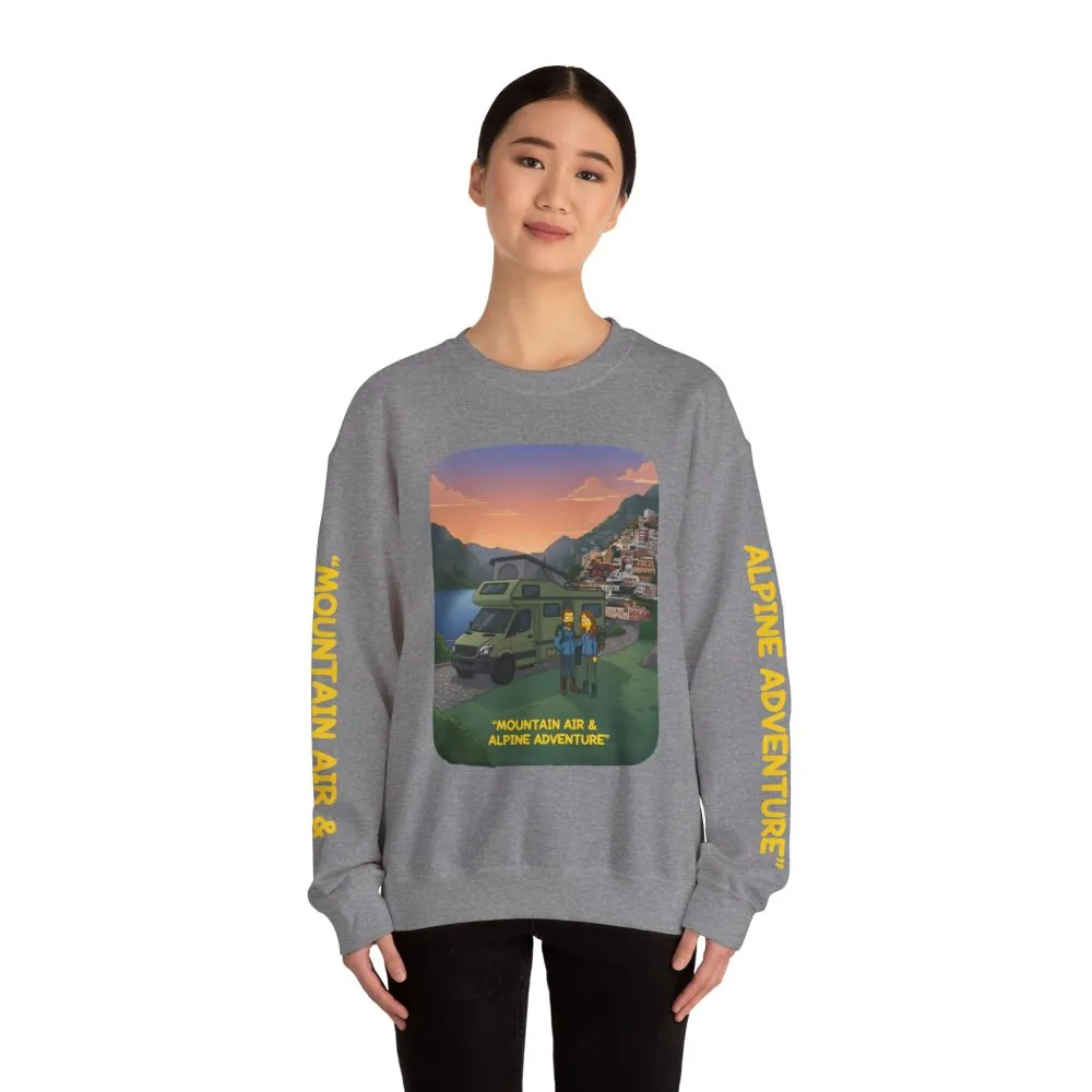 Unisex Heavy Blend™ Crewneck Sweatshirt — "Mountain Air And Alpine Adventure"" Design Sitcom-Line