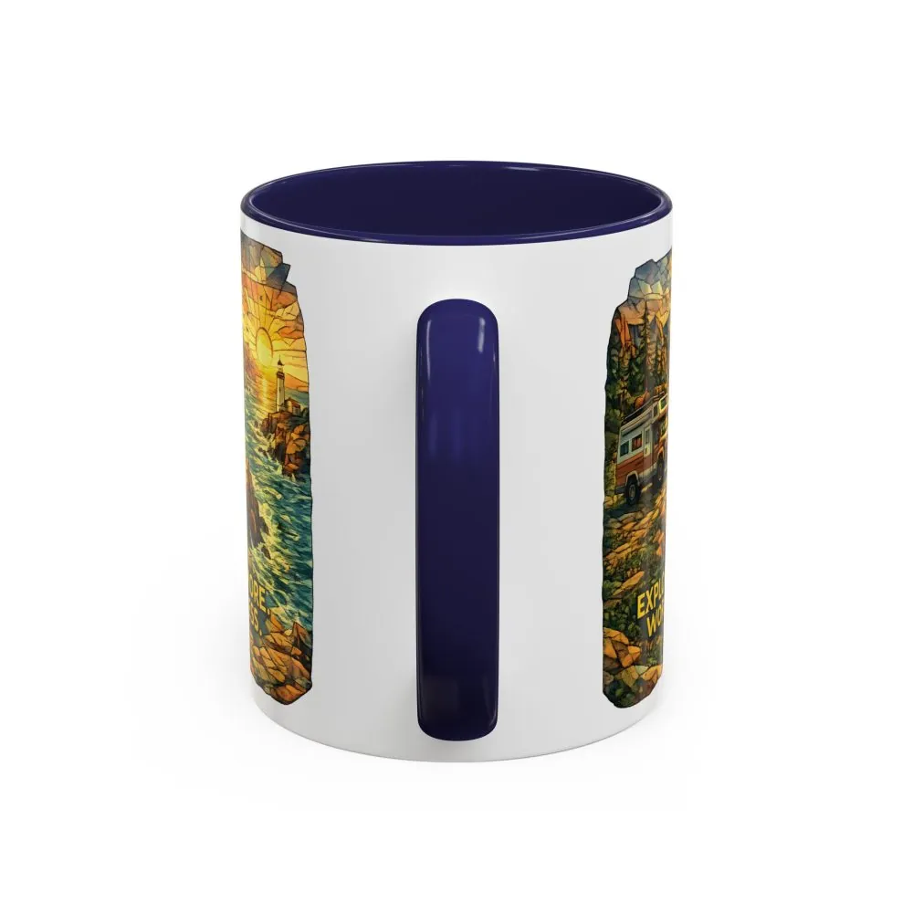 Accent Coffee Mug (11, 15oz) — "Explore More Worry Less" Design Cubic-Line