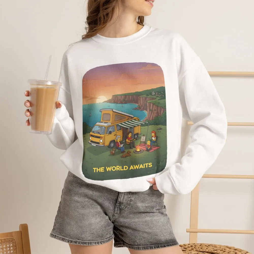 Unisex Heavy Blend™ Crewneck Sweatshirt — "The World Awaits" Design Sitcom-Line