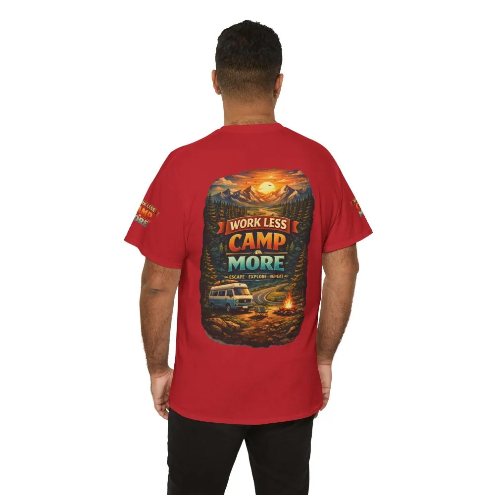 Unisex Heavy Cotton Tee — "Work Less-Camp More" Design Scenic-Line