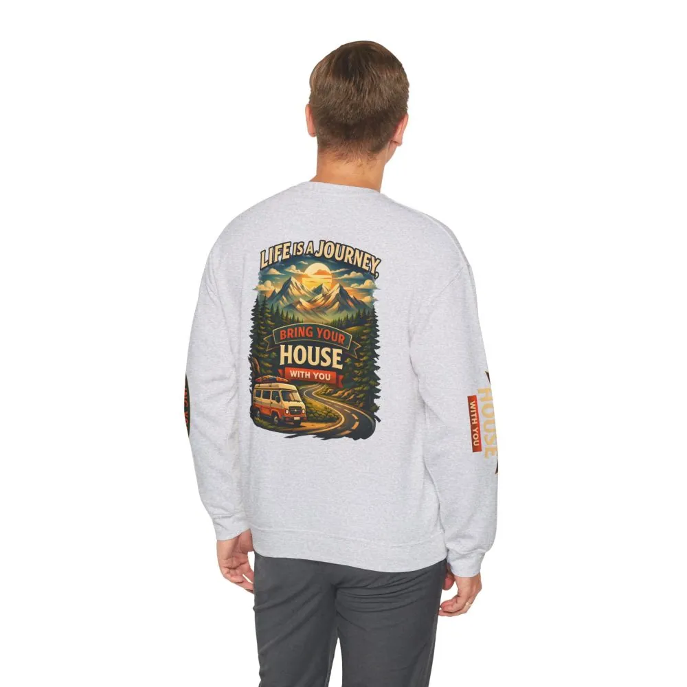 Unisex Heavy Blend™ Crewneck Sweatshirt — "Live Is A Journey-Bring Your House With You" Design Scenic-Line