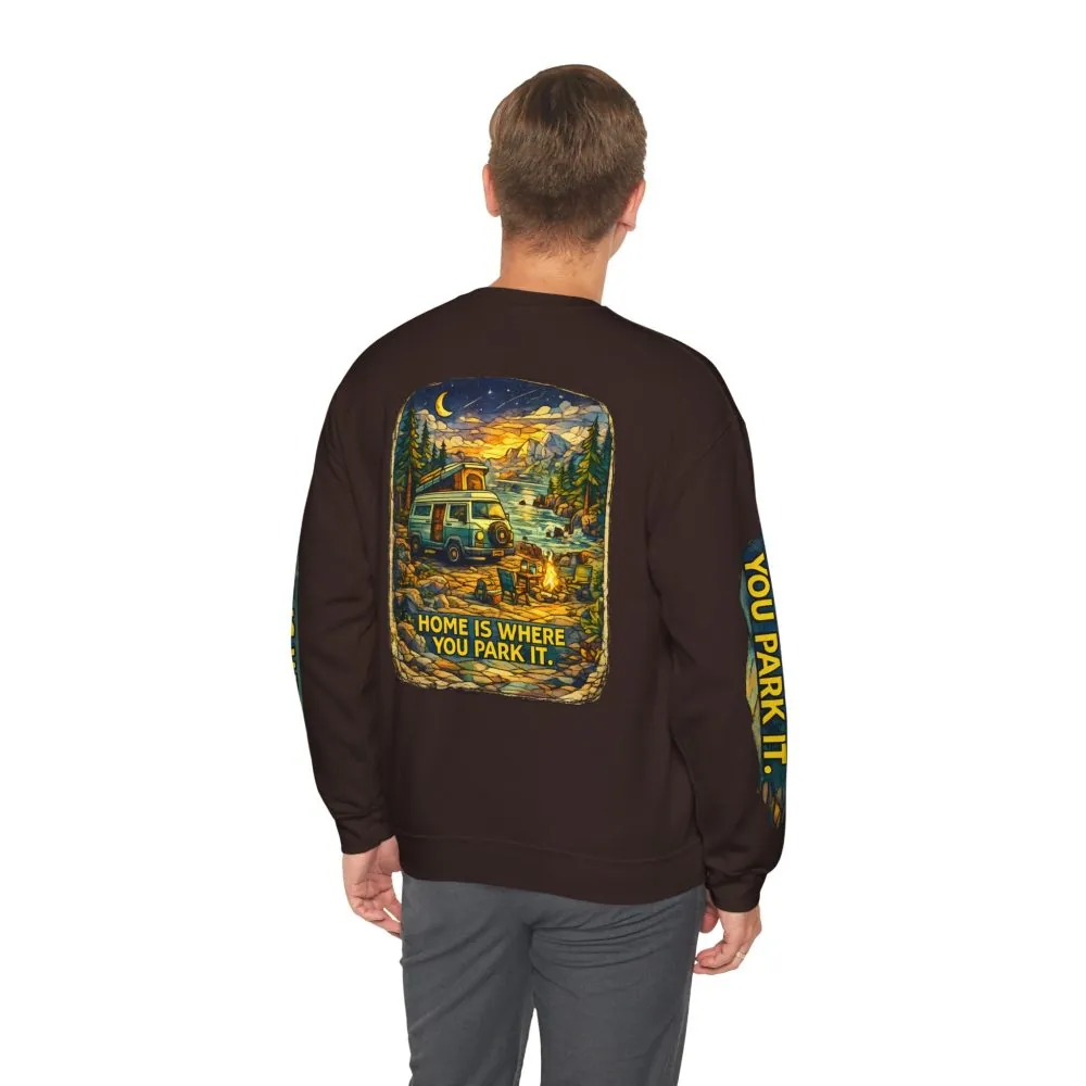 Unisex Heavy Blend™ Crewneck Sweatshirt — "Home Is Where You Park It" Design Cubic-Line