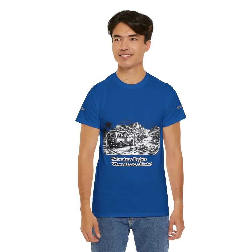 Unisex Heavy Cotton Tee — "Adventure Begins Where The Road Ends" Design Minimal-Line