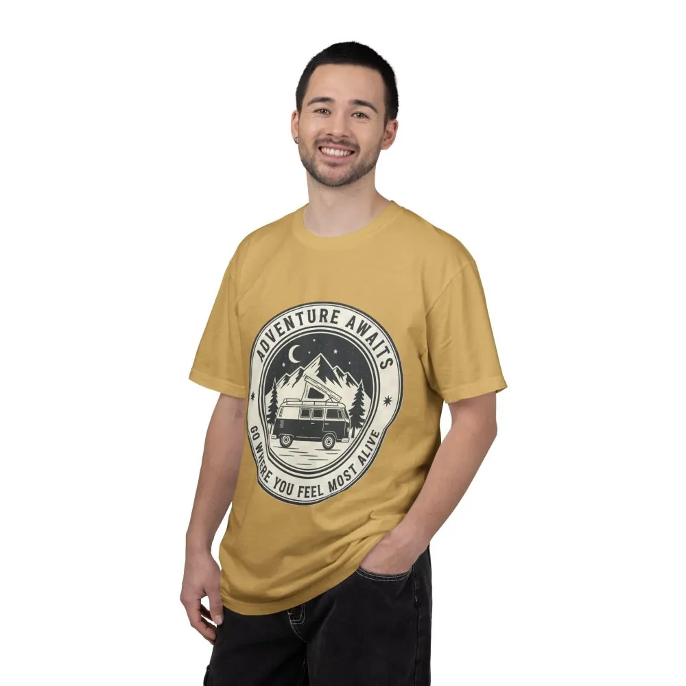 T-Shirt — "Adventure Awaits-Go Where You Feel Most Alive" (Only Front Printed) Outdoor Travel Tee