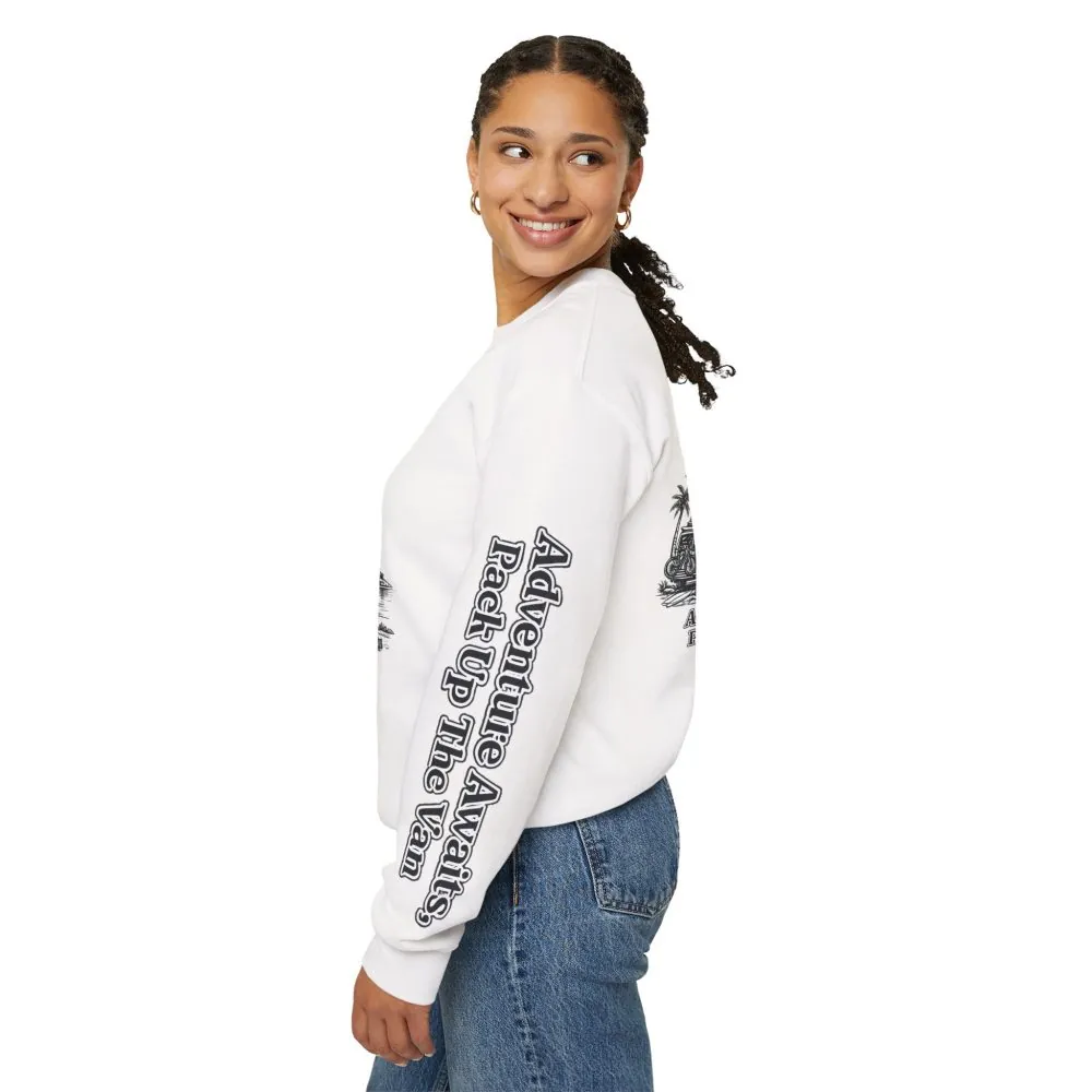 Unisex Heavy Blend™ Crewneck Sweatshirt — "Adventure Awaits,Pack Up The Van" Design Minimal-Line