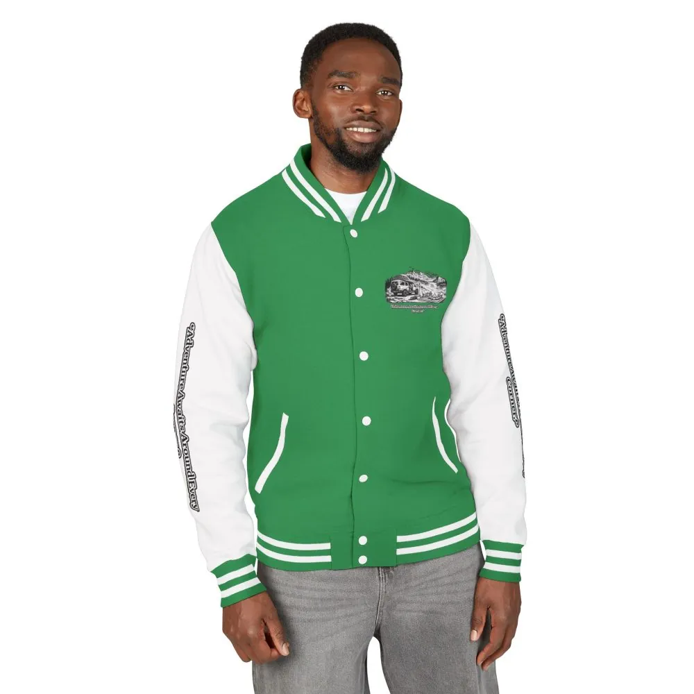 Unisex Heavyweight Letterman Jacket — "Adventure Awaits Around Every Corner" Travel Varsity Coat