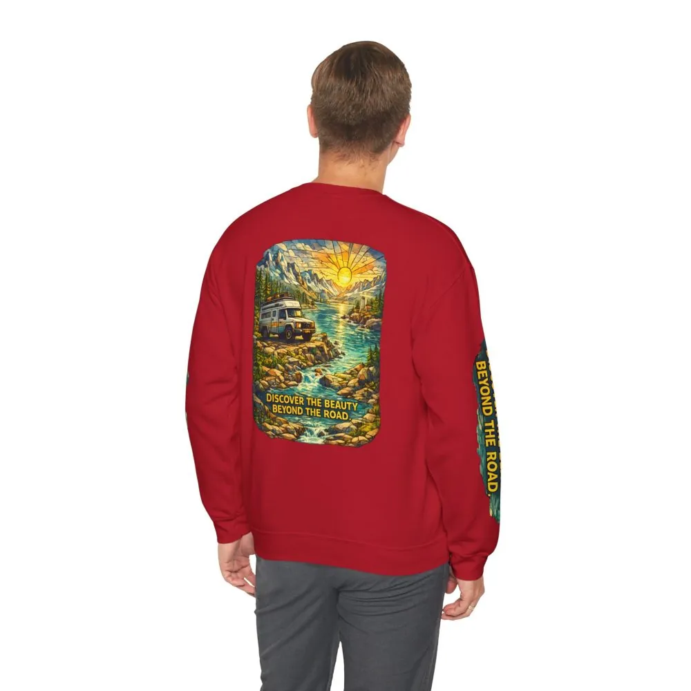 Unisex Heavy Blend™ Crewneck Sweatshirt — "Discover The Bieuty Beyond The Road" Design Cubic-Line