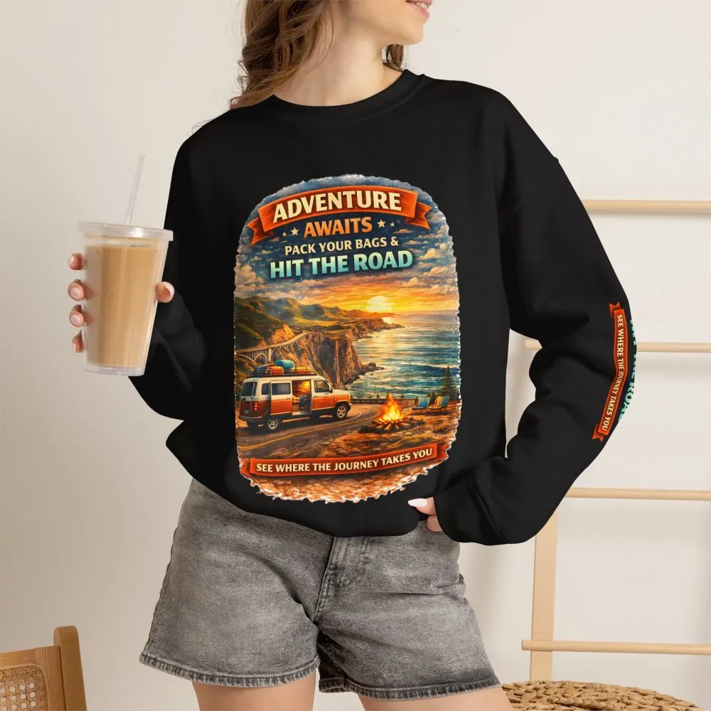6068996081394432393_2048.jpeg Unisex Heavy Blend™ Crewneck Sweatshirt — "Adventure Awaits-Pack Your Bags" Design Scenic-Line