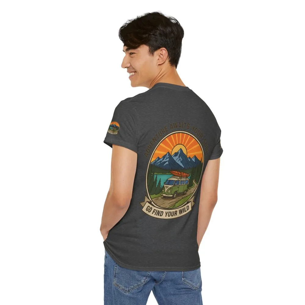 Unisex Heavy Cotton Tee — “Adventure Awaits Your Soul: Go Find Your Wild” Van & Mountain Graphic