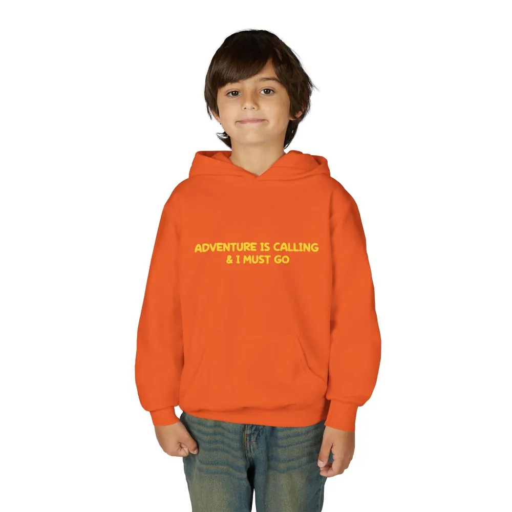 Youth Hoodie(Gildan) – "Adventure Is Calling-I Must Go" (Design Sitcom-Line)