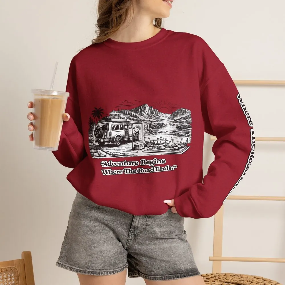 Unisex Heavy Blend™ Crewneck Sweatshirt — "Adventure Begins Where The Road Ends" Design Minimal-Line