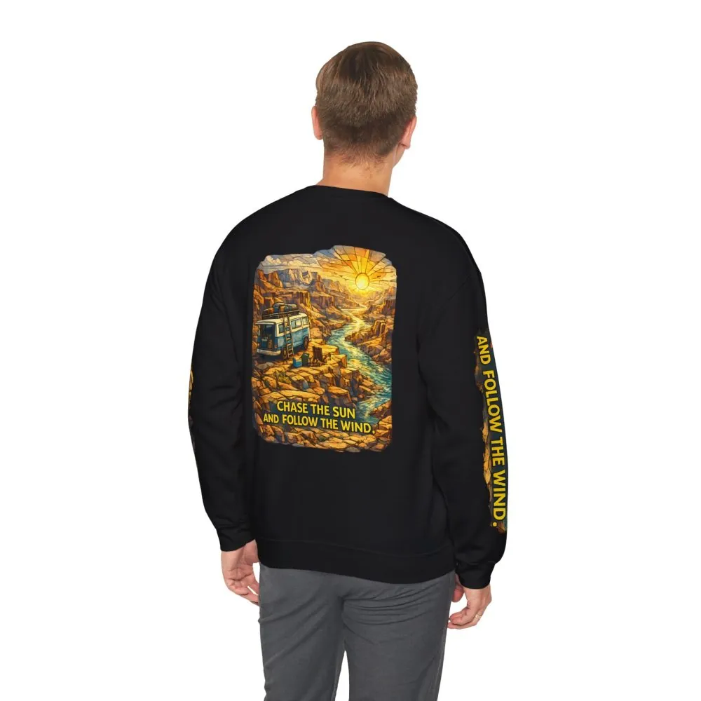 Unisex Heavy Blend™ Crewneck Sweatshirt — "Chase The Sun And Follow The Wind" Design Cubic-Line