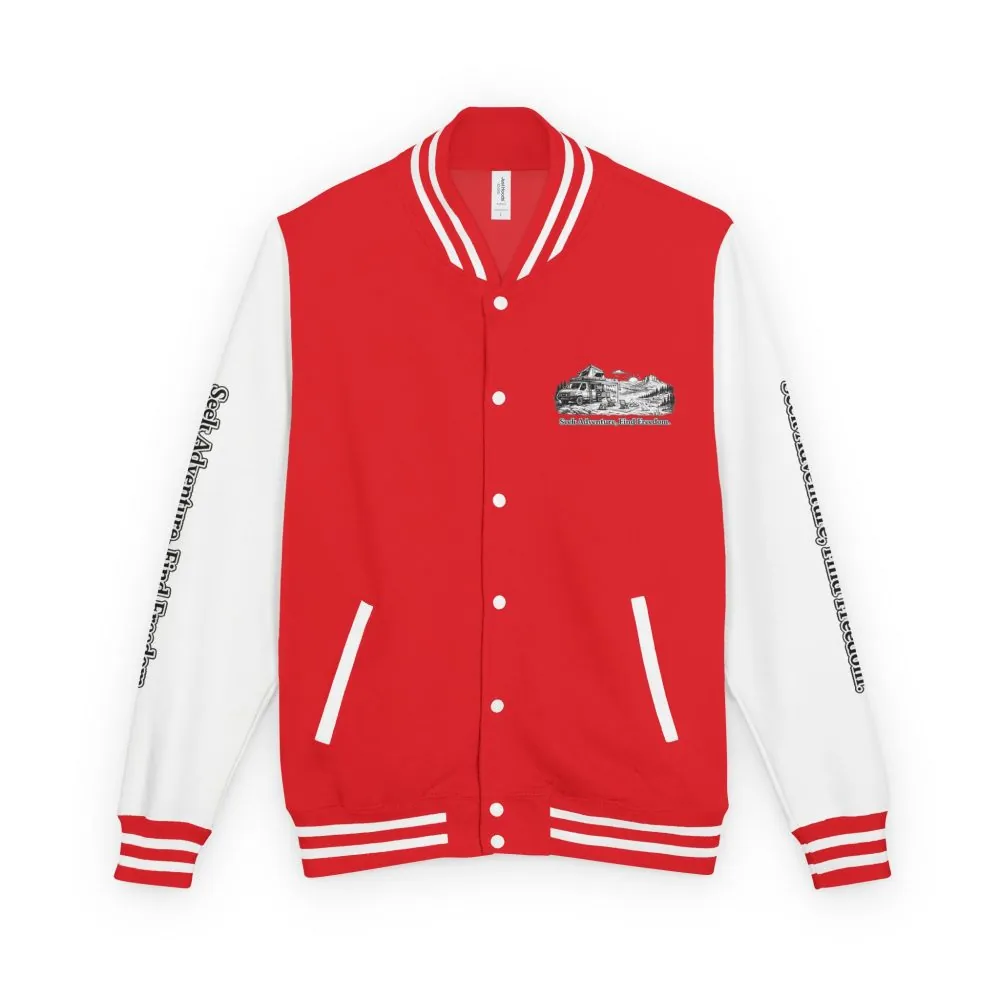 6095307332508615719_2048.jpeg Unisex Heavyweight Letterman Jacket — "Seek Adventure, Find Freedom" Travel Varsity Coat