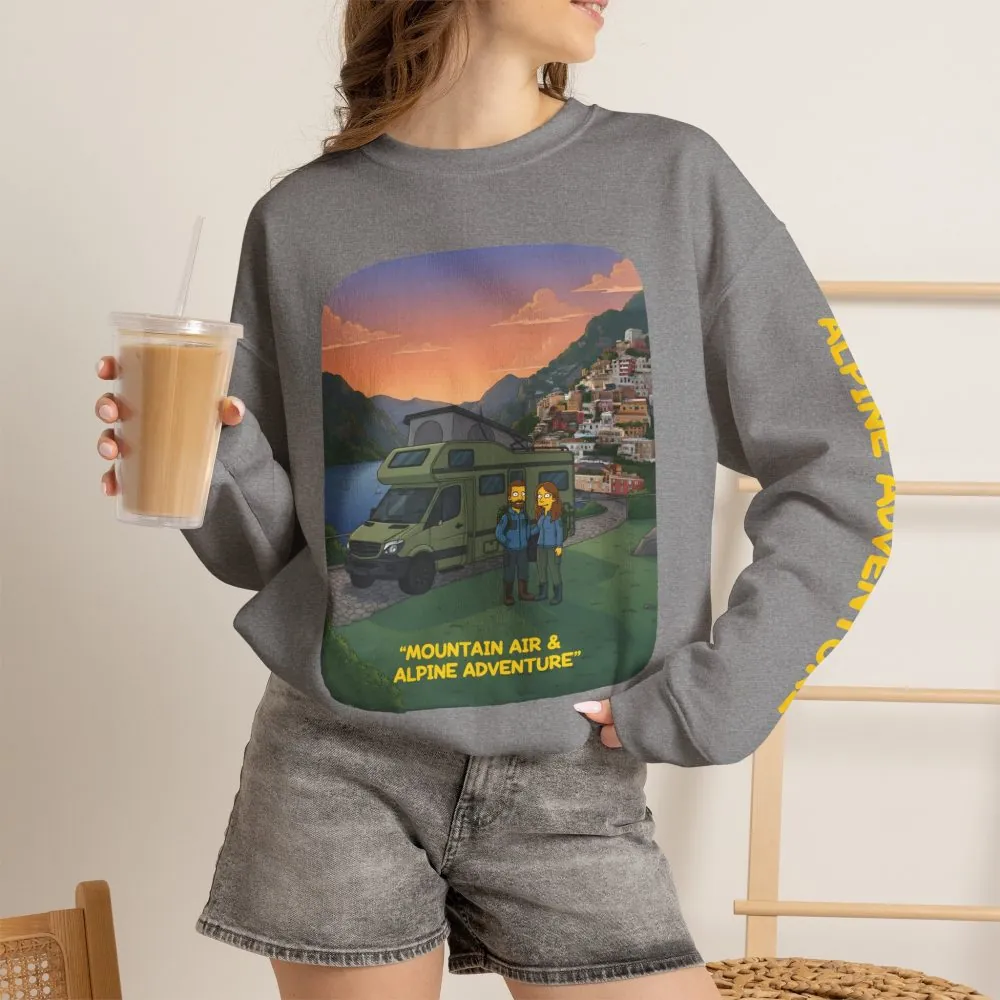 Unisex Heavy Blend™ Crewneck Sweatshirt — "Mountain Air And Alpine Adventure"" Design Sitcom-Line