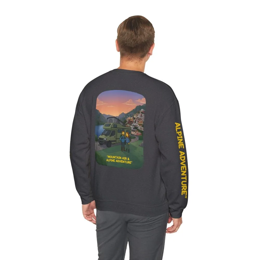 Unisex Heavy Blend™ Crewneck Sweatshirt — "Mountain Air And Alpine Adventure"" Design Sitcom-Line