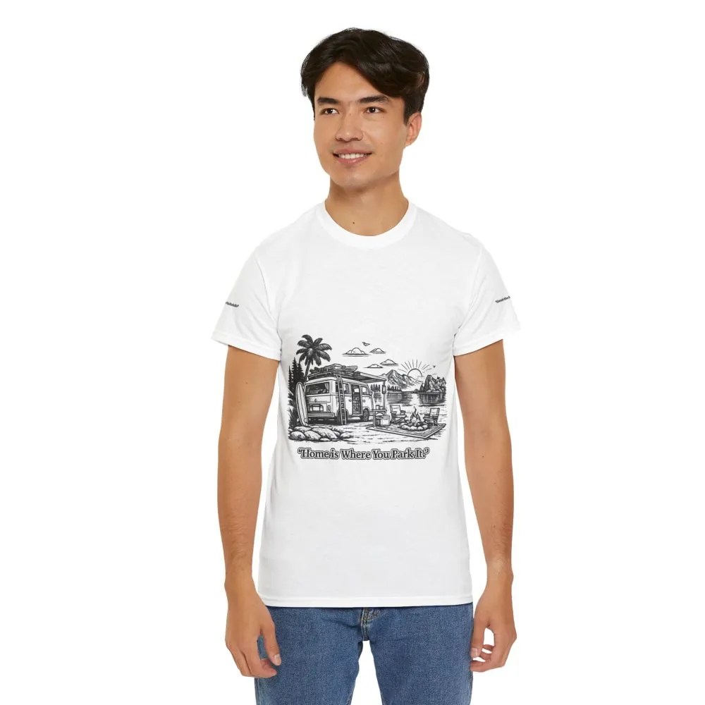 Unisex Heavy Cotton Tee — "Home Is Where You Park It" Design Minimal-Line