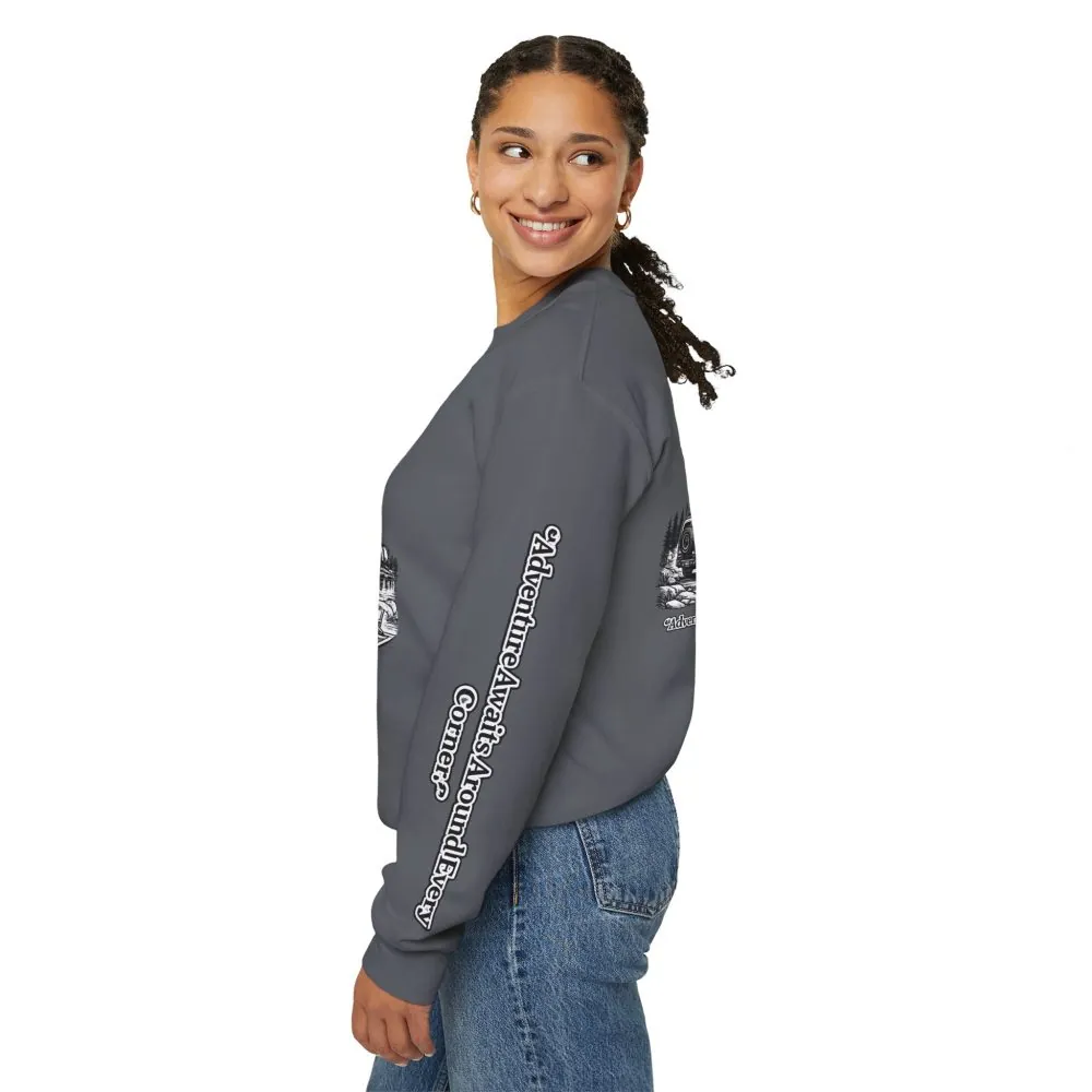 6150336171350981148_2048.jpeg Unisex Heavy Blend™ Crewneck Sweatshirt — "Adventure Awaits Around Every Corner" Design Minimal-Line
