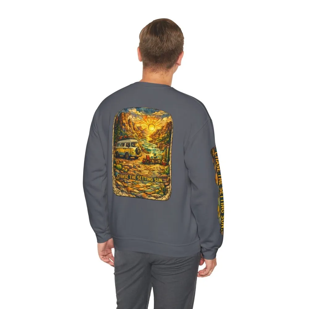 Unisex Heavy Blend™ Crewneck Sweatshirt — "Chase The Settings Sun" Design Cubic-Line