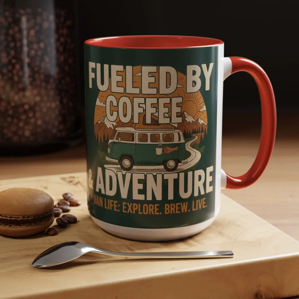 Accent Coffee Mug (11, 15oz) — "Fueled by Coffee & Adventure"