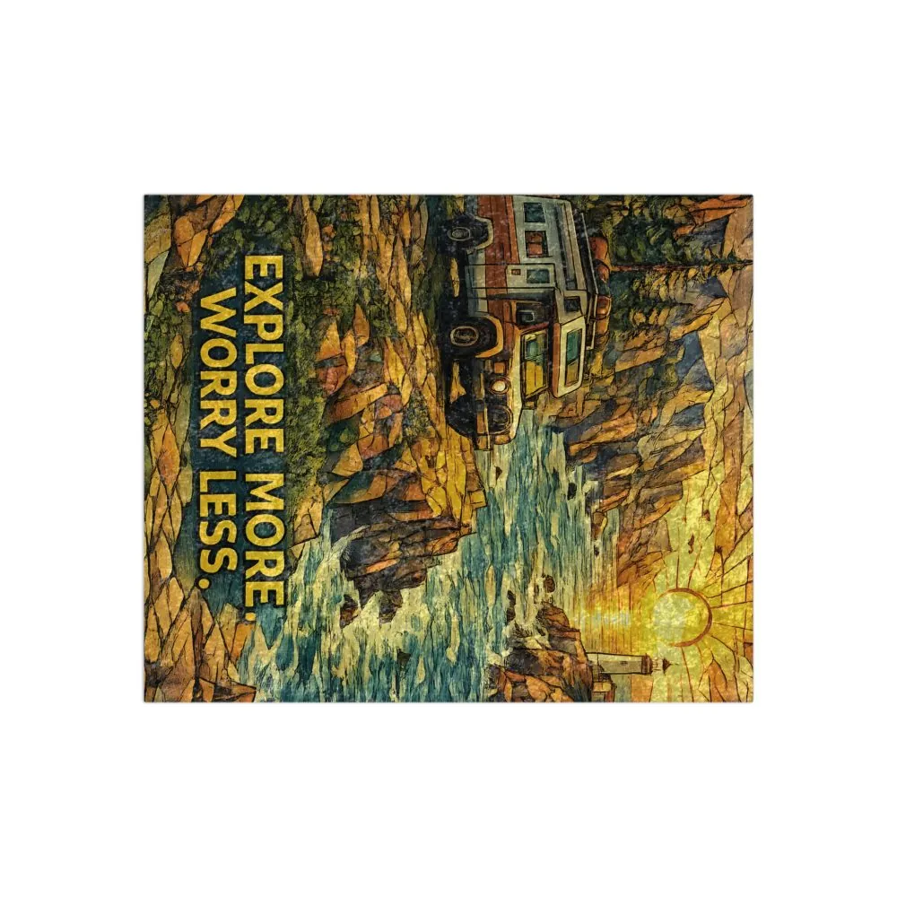 Crushed Velvet Blanket —"Explore More Worry Less" Design Cubic-Line (Campervan)