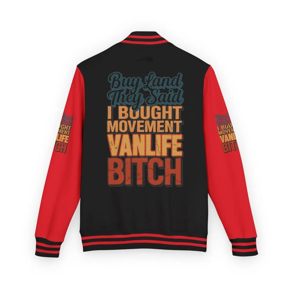 6195811227485873110_2048.jpeg Unisex Heavyweight Letterman Jacket — "Buy Land They Said" Design F**K-Line