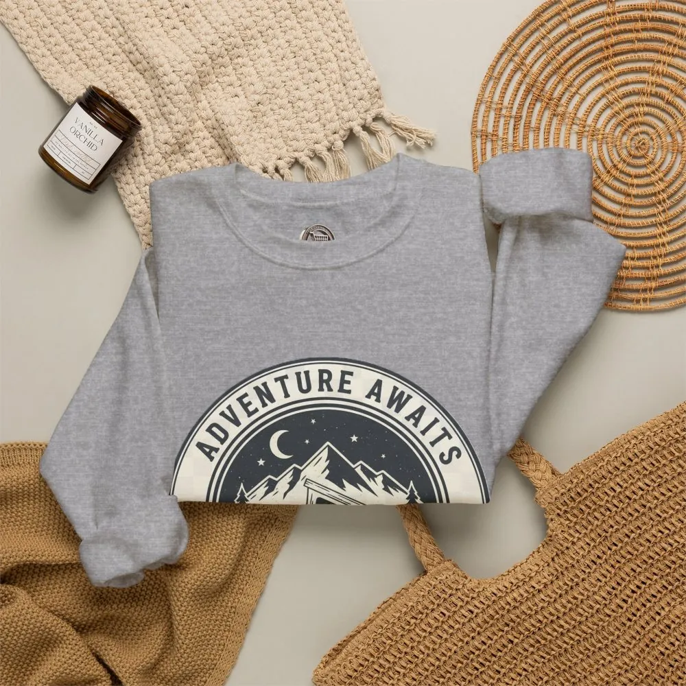 Crewneck Sweatshirt — "Adventure Awaits-Go Where You Feel Most Alive" (Font + Back + Sleaves printed) Vintage Camper Van Outdoor Graphic