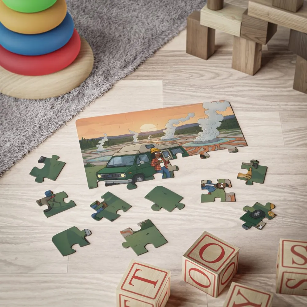 Kids' 30‑Piece Camping Puzzle — Family Van Camping at Geysers Sunset