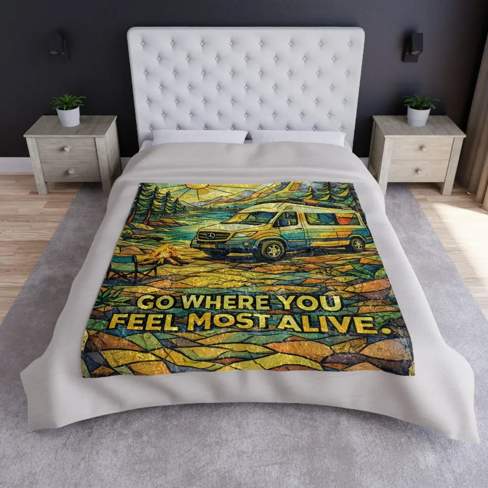 Crushed Velvet Blanket —"Go Where You Feel Most Alive" Design Cubic-Line (Campervan)