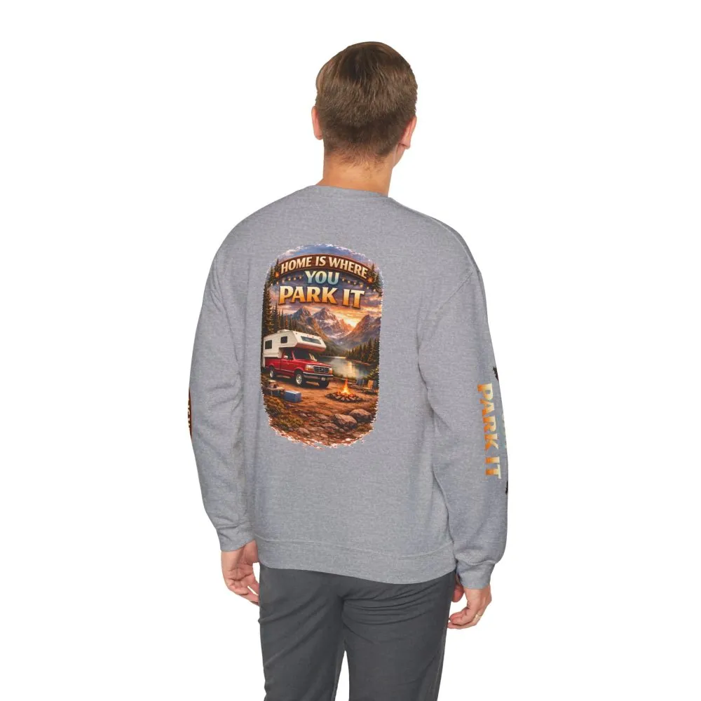 Unisex Heavy Blend™ Crewneck Sweatshirt — "Home Is Where You Park It" Design Scenic-Line