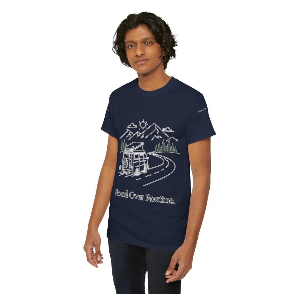 625400089831518272_2048.jpeg Unisex Heavy Cotton Tee — "Road Over Routine" Design Minimal-Line